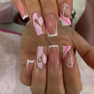 K - Press on Nails Medium Heart Coffin Acrylic Nails Glitter Full Cover Stick on Nails White French Tips Stick on Nails with Designs...