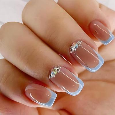 M - Press on Nails Short Fake Nails with Glitter Designs Rhinestones Glue on Nails Blue French Tip Square Artificial Acrylic Nails Spring...