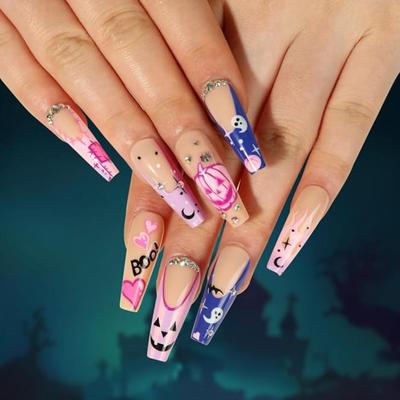 DD - 24Pcs Hallowee Press on Nails Long Fake Nails with Pink Pumpkin Designs Rhinestones False Nails Coffin Full Cover Acrylic Stick on...