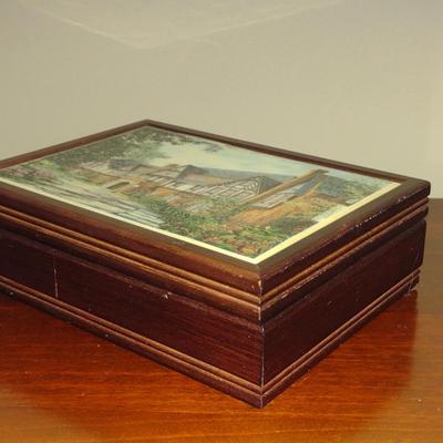 Wooden Storage Box with Architectural Design on Cover- Approx 6 3/4" x 5" x 2" Tall