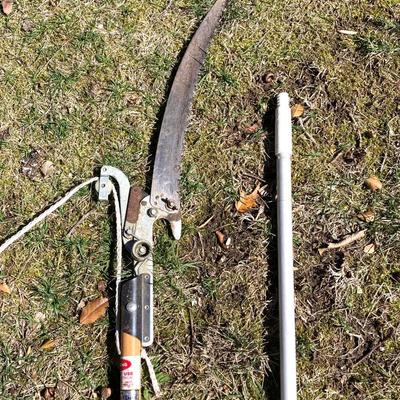 LOT 32G: Craftsman High Limb Cutter, Craftsman 15 Weed Trimmer, Fiskars Longneck Grass Shears and Quickie 16" Telescopic Utility Pole