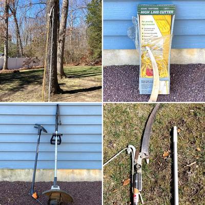 LOT 32G: Craftsman High Limb Cutter, Craftsman 15 Weed Trimmer, Fiskars Longneck Grass Shears and Quickie 16" Telescopic Utility Pole
