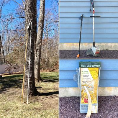 LOT 32G: Craftsman High Limb Cutter, Craftsman 15 Weed Trimmer, Fiskars Longneck Grass Shears and Quickie 16" Telescopic Utility Pole