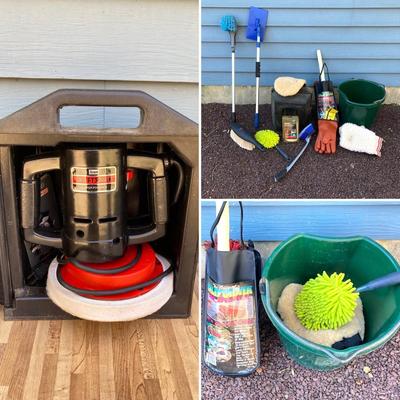 LOT 34G: Sears Buffer Polisher Model # 315.10670 in Original Case, Polishing Bonnet, Bucket, Rubber Gloves with Cleaning / Care Supplies