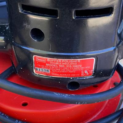 LOT 34G: Sears Buffer Polisher Model # 315.10670 in Original Case, Polishing Bonnet, Bucket, Rubber Gloves with Cleaning / Care Supplies