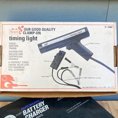 LOT 35G: Automotive Collection - Schumacher Battery Charger, Dixco Engine Performance Analyzer, Sears Clamp-On Timing Light and Black...