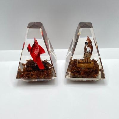LOT 45K: Hand Carved Wooden Cardinal and Owl Lucite (Made in Canada) Paperweights