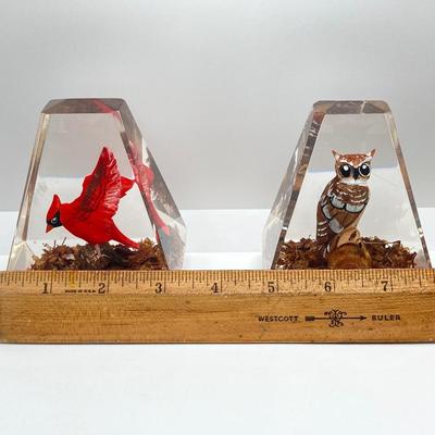 LOT 45K: Hand Carved Wooden Cardinal and Owl Lucite (Made in Canada) Paperweights