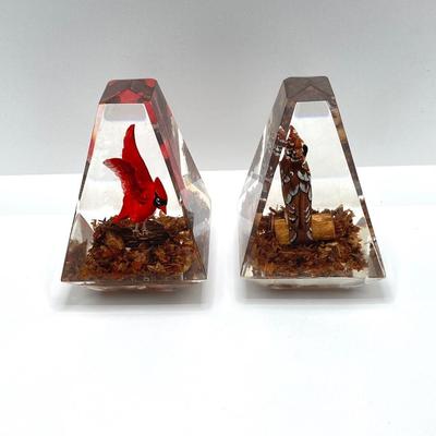 LOT 45K: Hand Carved Wooden Cardinal and Owl Lucite (Made in Canada) Paperweights