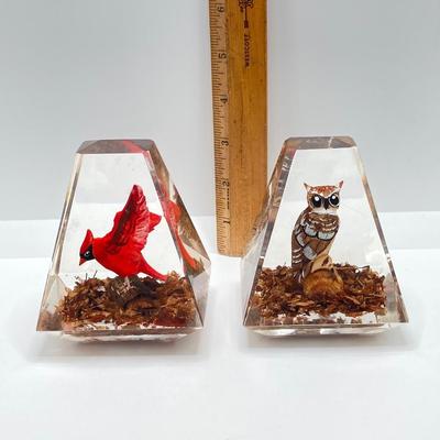 LOT 45K: Hand Carved Wooden Cardinal and Owl Lucite (Made in Canada) Paperweights