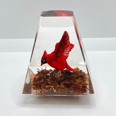 LOT 45K: Hand Carved Wooden Cardinal and Owl Lucite (Made in Canada) Paperweights