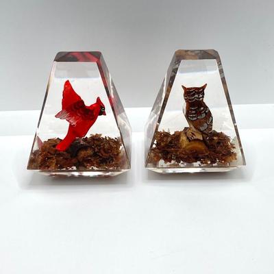 LOT 45K: Hand Carved Wooden Cardinal and Owl Lucite (Made in Canada) Paperweights