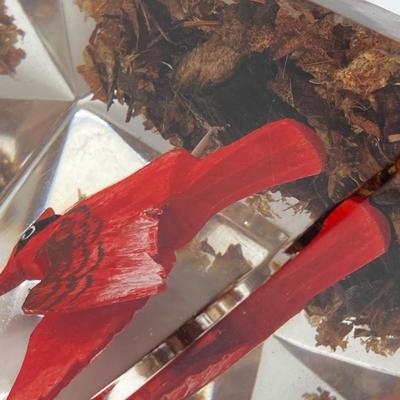 LOT 45K: Hand Carved Wooden Cardinal and Owl Lucite (Made in Canada) Paperweights