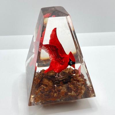 LOT 45K: Hand Carved Wooden Cardinal and Owl Lucite (Made in Canada) Paperweights
