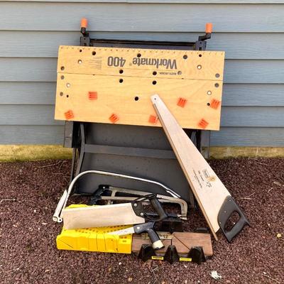LOT 47G: Black & Decker 400 Workmate Work Bench, Miter Boxes and Assorted Hand Saws