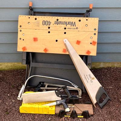 LOT 47G: Black & Decker 400 Workmate Work Bench, Miter Boxes and Assorted Hand Saws
