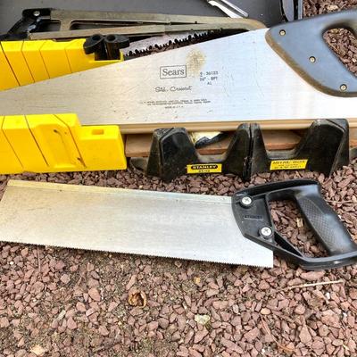 LOT 47G: Black & Decker 400 Workmate Work Bench, Miter Boxes and Assorted Hand Saws