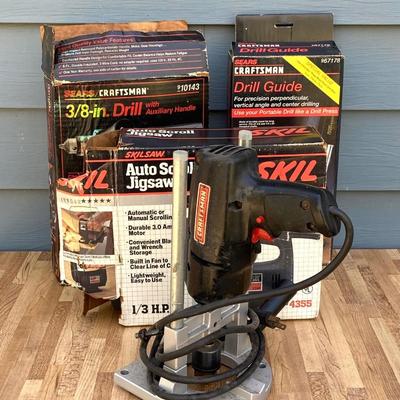 LOT 55G: Craftsman Electric Drill Model # 315.11441, Sear, Roebuck & Co 3/8" Drill, Drill Guide and Skil Auto Scroll Jig Saw 4355