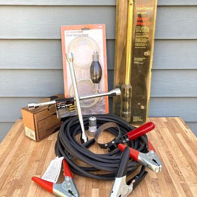 LOT 58G: Automobile Tool Collection - Craftsman Torque Wrench, Jumper / Booster Cables, 14" Lug Wrench, Box of Lugs and Fluid Siphon...