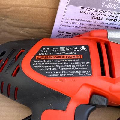 LOT 59G: Black & Decker Drill / Driver DR501 in Original Box, Chicago Reciprocating Saw Item 4095 and Packages of Saw Blades