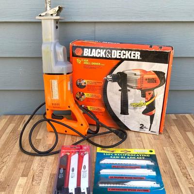 LOT 59G: Black & Decker Drill / Driver DR501 in Original Box, Chicago Reciprocating Saw Item 4095 and Packages of Saw Blades