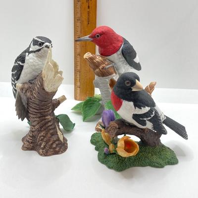 LOT 78K: Collection of Lenox Fine Porcelain Bird Figurines - Red-headed Woodpecker, Downy Woodpecker and Rose-breasted Grosbeak