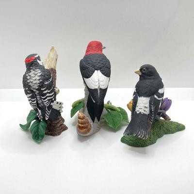 LOT 78K: Collection of Lenox Fine Porcelain Bird Figurines - Red-headed Woodpecker, Downy Woodpecker and Rose-breasted Grosbeak