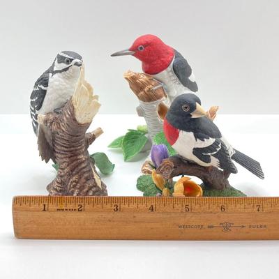 LOT 78K: Collection of Lenox Fine Porcelain Bird Figurines - Red-headed Woodpecker, Downy Woodpecker and Rose-breasted Grosbeak
