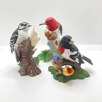 LOT 78K: Collection of Lenox Fine Porcelain Bird Figurines - Red-headed Woodpecker, Downy Woodpecker and Rose-breasted Grosbeak