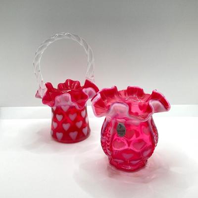 LOT 81K: Fenton Art Glass Cranberry Optic Heart Ruffled Top Basket and Vase