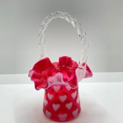 LOT 81K: Fenton Art Glass Cranberry Optic Heart Ruffled Top Basket and Vase