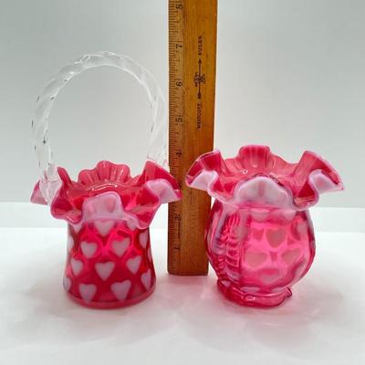 LOT 81K: Fenton Art Glass Cranberry Optic Heart Ruffled Top Basket and Vase