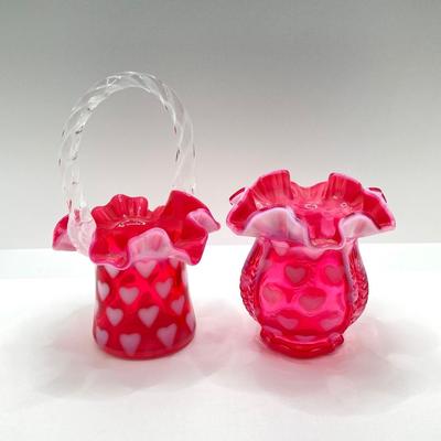 LOT 81K: Fenton Art Glass Cranberry Optic Heart Ruffled Top Basket and Vase