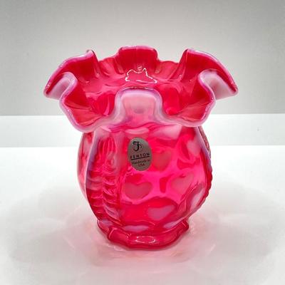 LOT 81K: Fenton Art Glass Cranberry Optic Heart Ruffled Top Basket and Vase
