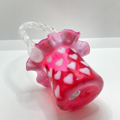 LOT 81K: Fenton Art Glass Cranberry Optic Heart Ruffled Top Basket and Vase