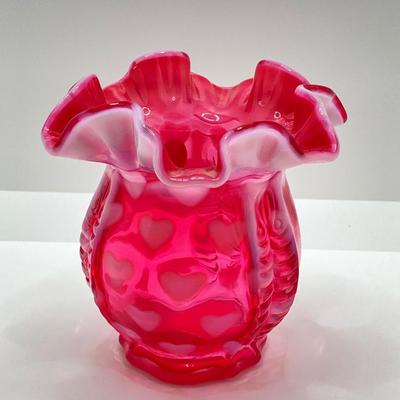 LOT 81K: Fenton Art Glass Cranberry Optic Heart Ruffled Top Basket and Vase