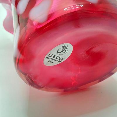 LOT 81K: Fenton Art Glass Cranberry Optic Heart Ruffled Top Basket and Vase