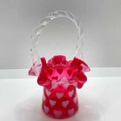 LOT 81K: Fenton Art Glass Cranberry Optic Heart Ruffled Top Basket and Vase