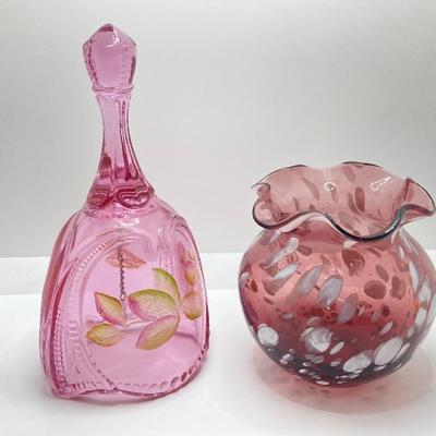 LOT 82K: Fenton Art Glass Pink Bell with Hand Painted Flowers and Hand Blown Ruffled Top Amethyst Vase
