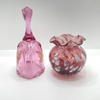 LOT 82K: Fenton Art Glass Pink Bell with Hand Painted Flowers and Hand Blown Ruffled Top Amethyst Vase