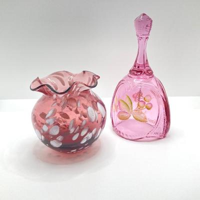 LOT 82K: Fenton Art Glass Pink Bell with Hand Painted Flowers and Hand Blown Ruffled Top Amethyst Vase