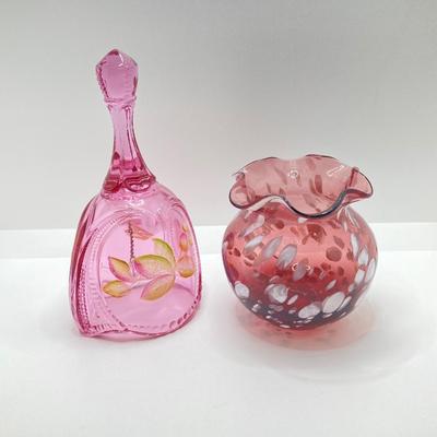 LOT 82K: Fenton Art Glass Pink Bell with Hand Painted Flowers and Hand Blown Ruffled Top Amethyst Vase