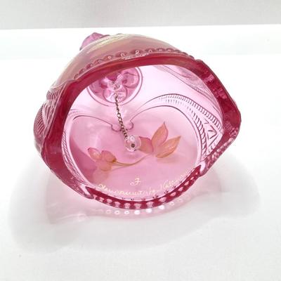 LOT 82K: Fenton Art Glass Pink Bell with Hand Painted Flowers and Hand Blown Ruffled Top Amethyst Vase