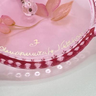 LOT 82K: Fenton Art Glass Pink Bell with Hand Painted Flowers and Hand Blown Ruffled Top Amethyst Vase