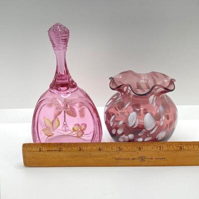 LOT 82K: Fenton Art Glass Pink Bell with Hand Painted Flowers and Hand Blown Ruffled Top Amethyst Vase