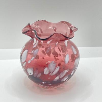 LOT 82K: Fenton Art Glass Pink Bell with Hand Painted Flowers and Hand Blown Ruffled Top Amethyst Vase