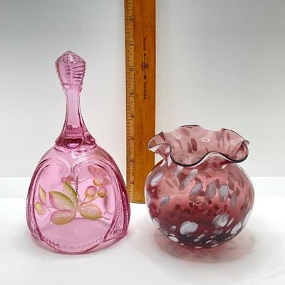 LOT 82K: Fenton Art Glass Pink Bell with Hand Painted Flowers and Hand Blown Ruffled Top Amethyst Vase