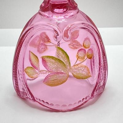 LOT 82K: Fenton Art Glass Pink Bell with Hand Painted Flowers and Hand Blown Ruffled Top Amethyst Vase