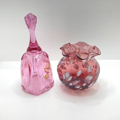 LOT 82K: Fenton Art Glass Pink Bell with Hand Painted Flowers and Hand Blown Ruffled Top Amethyst Vase
