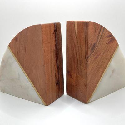 LOT 86K: Vintage Wood and Onyx / Marble Crescent Bookends